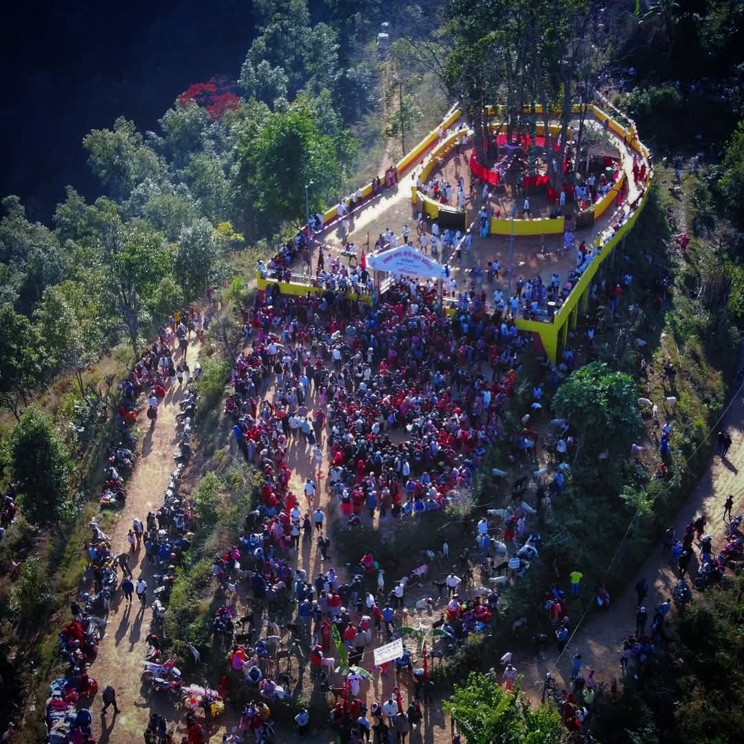 Front view of the Kulsthan with people gathered during the 2081 Kul Puja